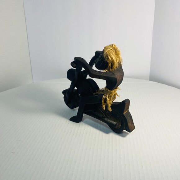 Rare Primitive Java Man on Motorcycle Wooden Carving and Jute Tribal Sculpture - Picture 6 of 17